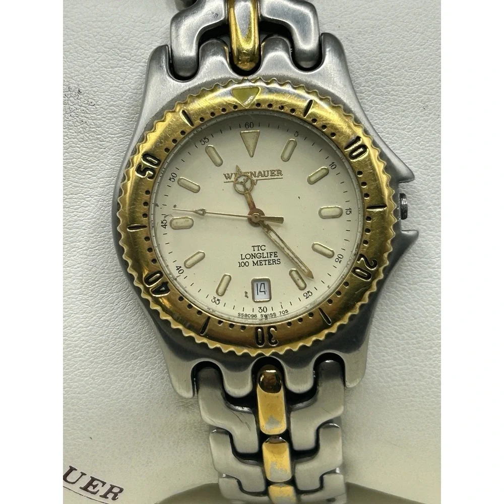 Vintage Wittnauer TT  Longlife 100m‎ Time Date Quartz Two Tone Men Watch W Box